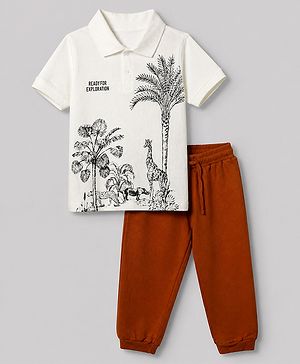 Pine Kids 100% Cotton Single Jersey Knit Half Sleeves T-Shirt and Jogger with Full Length and Jungle Theme Print - White