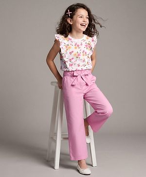 Pine Kids Single Jersey Knit Sleeveless Floral Printed Top & Pant Set - Pink