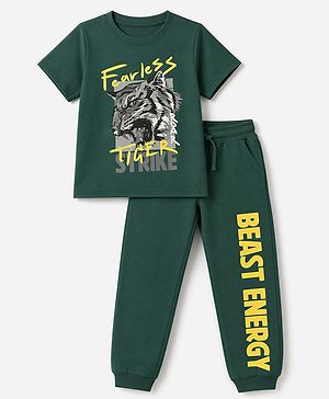 Pine Kids Looper Knit Half Sleeves T-shirt & Joggers Set With Text Print - Green