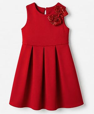 Pine Kids Woven Sleeveless Pleated Party Dress With Sequinned Bow Applique - Dark Red
