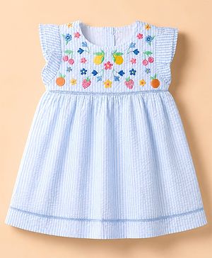 Babyhug Cotton Woven Fit and Flare Frock with Half Sleeves and Fruit and Flowers Embroidery - Blue