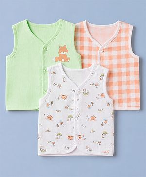 Babyhug 100% Cotton Cambric Woven Sleeveless Jhablas with Fox Print Pack of 3 - White Green & Orange
