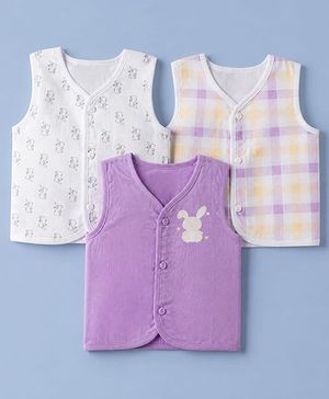 Babyhug 100% Cotton Cambric Woven Sleeveless Jhablas with Rabbit Print Pack of 3 - White & Purple