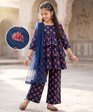 Pine Kids Cotton Woven Three Fourth Sleeves Kurta and Salwar Set with Dupatta and Floral Print - Blue