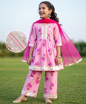Pine Kids 100% Cotton Woven Three-Fourth Sleeves Kurti and Pant Set With Floral Print & Dupatta - Pink