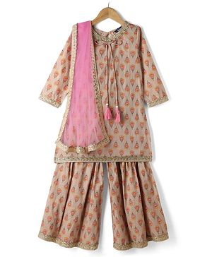 Pine Kids 100% Cotton Woven Three-Fourth Sleeves Floral Printed Kurta & Gharara Set With Dupatta - Beige