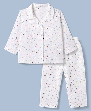 Babyhug Cotton Muslin Woven Front Open Co-ord Shirt & Pajama Night Suit with Candy Print - White