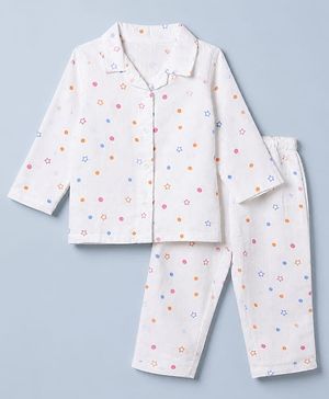 Babyhug Cotton Muslin Woven Front Open Co-ord Shirt & Pajama Night Suit with Stars & Polka Dots Print - White