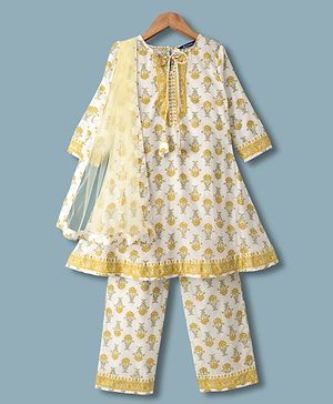 Pine Kids 100% Cotton Woven Full Sleeves Floral Printed Kurta & Pant Set With Dupatta - Off White