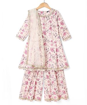 Pine Kids Cotton Woven Three Fourth Sleeves Kurti Sharara and Dupatta Set with Floral Print in White
