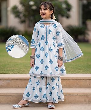 Pine Kids 100% Cotton Woven Three Fourth Sleeves Kurti and Sharara Set with Dupatta and Flower Print in White