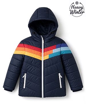 Babyhug Woven Padded/Quilted/ Winter Jacket with Full Sleeves and Rainbow Print - Navy Blue