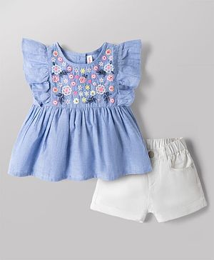 Babyhug Chambray 100% Cotton Knit Half Sleeves Floral Embroidered Top and Shorts Set - Blue