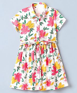 Pine Kids 100% Cotton Knit Fit & Flare Shirt Style Half Sleeves Dress with Belt and Floral Print - White