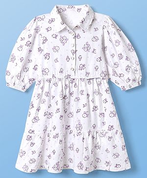 Pine Kids 100% Cotton Knit Full Sleeves One Piece Dress With Floral Print - White