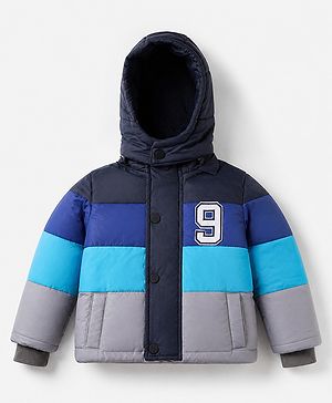 Babyhug Woven Hooded Padded Quilted Winter Jacket with Full Sleeves and 9 Embroidered Patch with Cut & Sew - Navy Blue
