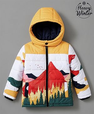 Babyhug Woven Full Sleeves Padded Quilted Winter Jacket with Detachable Hood & Mountain Landscape Print - Yellow