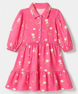 Pine Kids 100% Cotton Knit Full Sleeves Frock with Daisy Print in Pink