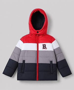 Babyhug Woven Full Sleeves Cut and Sew Hooded Padded Quilted Winter Jacket with Letter B Applique - Red