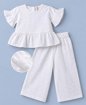 Babyhug 100% Cotton Schiffili Knit Half Sleeves Top and Pant with Frill Details & Floral Embroidery - White