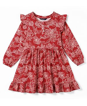 Pine Kids 100% Cotton Knit Dress with Full Sleeves and Floral Print in Red for 4-5 Years