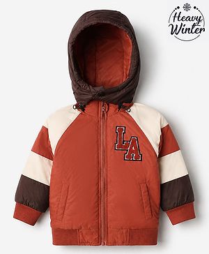 Babyhug Woven Hooded Padded Winter Jacket with Full Raglan Sleeves and Detachable Hood with LA Applique and Cut Sew - Brown