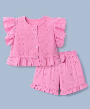 Babyhug 100% Cotton Schiffili Knit Half Frill Sleeves Top and Shorts with Eyelet Embroidery - Light Pink