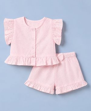 Babyhug 100% Cotton Schiffili Knit Half Sleeves Top and Shorts Set With Bow Applique - Pink