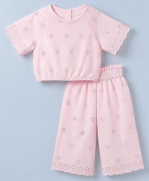 Babyhug 100% Cotton Schiffili Knit Half Raglan Sleeves Top and Pant with Eyelet Embroidery - Pink