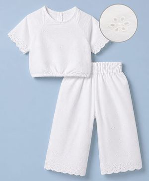 Babyhug 100% Cotton Knit Schiffili Half Sleeves Top and Pant Set - White