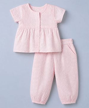 Babyhug 100% Cotton Schiffili Knit Half Sleeves Front Open Fit & Flare Top and Pant with Eyelet Embroidery - Pink