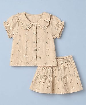 Babyhug 100% Cotton Knit Half Puffed Sleeves Top and Skirt with and Dinosaur & Boat Print - Beige