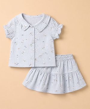 Babyhug 100% Cotton Knit Half Puffed Sleeves Top and Skirt with and Dinosaur & Boat Print - Blue
