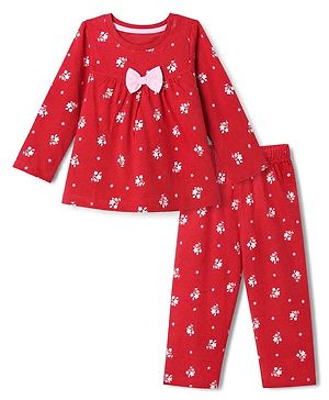 Babyhug 100% Cotton Knit Full Sleeves Co-Ords Top & Pyjama Night Suit with Floral Print & Bow Applique - Red