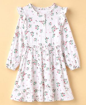 Pine Kids 100% Cotton Knit Fit & Flare Dress with Full Sleeves and Frill Details & Floral Print - White