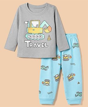 Babyhug 100% Cotton Knit Full Sleeves T-Shirt & Pyjama Night Suit with Construction Vehicle Print - Grey