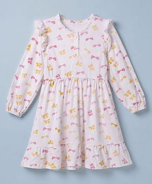 Pine Kids 100% Cotton Knit Full Sleeves Fit & Flare Tiered One Piece Dress with Frill Details & Bow Print - White