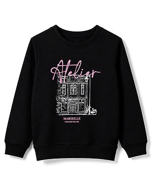 Pine Kids Cotton Knit Sweatshirt with Full Sleeves and Building and Bicycle Print in Black