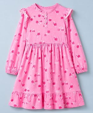 Pine Kids 100% Cotton Knit Dress with Full Sleeves and Floral Print in Pink for 4-5 Years