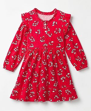 Pine Kids 100% Cotton Knit Dress with Full Sleeves and Floral Print in Red for 4-5 Years