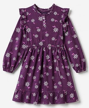 Pine Kids 100% Cotton Knit Knee length Frock with Full Sleeves and Floral Print in Plum