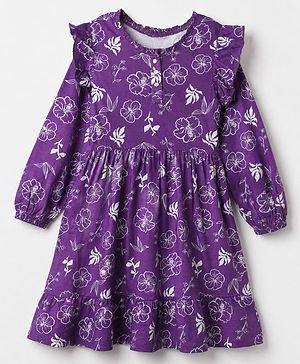 Pine Kids 100% Cotton Knit Frock with Full Sleeves and Floral Print in Purple
