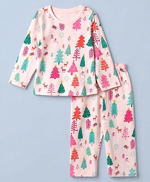 Babyhug Cotton Knit Full Sleeves Co-ords T-Shirt & Pyjama Night Suit with Christmas Tree Print in Pink