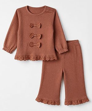 Babyhug 100% Cotton Rib Knit Full Sleeves Top and Leggings with Bow Applique - Brown