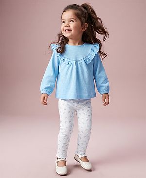 Babyhug 100% Cotton Single Jersey Knit Full Sleeves Top and Leggings with Bows Print - Blue