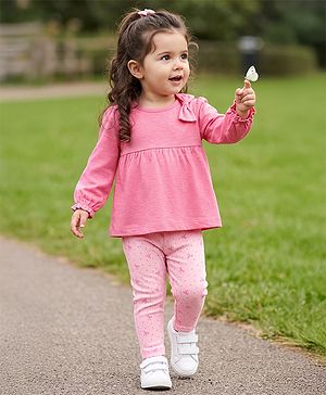 Babyhug 100% Cotton Single Jersey Knit Top and Leggings with Full Sleeves and Bow Applique with Bow and Polka Dots Print - Pink