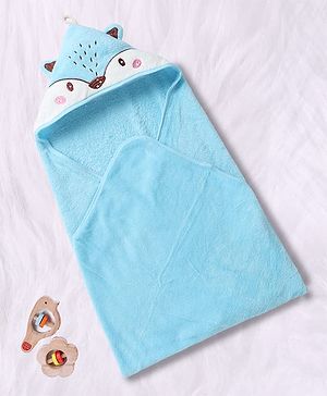 Babyhug Knit Soft Microfiber Hooded Towel With Fox Print L 80 x B 80 cm - Blue