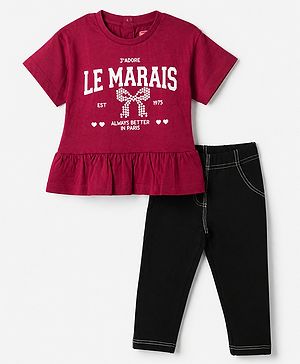 Babyhug 100% Cotton Knit Half Sleeves Top and Leggings Set with Text Print - Maroon