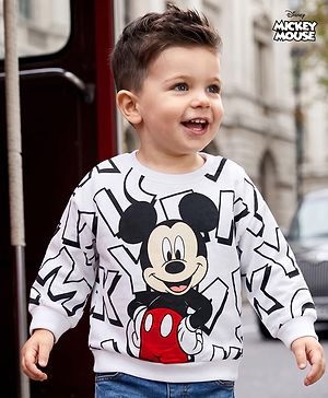 Babyhug Disney Cotton Terry Knit Drop Shoulder Sweatshirt with Full Sleeves and Mickey Mouse Graphic - White