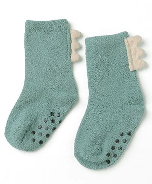 Cute Walk By Babyhug Cotton Blend Knit Anti-Skid Mid Calf Anti-Bacterial Socks With Spikes Applique - Teal Blue